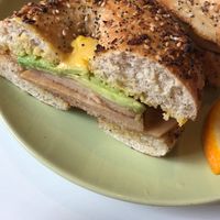 Everything bagel with vegan ham, avocado and soy cheese. at Joy Cafe in Philadelphia