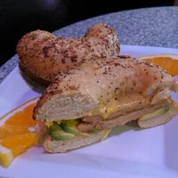 Bagelwich with "ham" cashew cheez Avacado and mustard sauce at Joy Cafe in Philadelphia