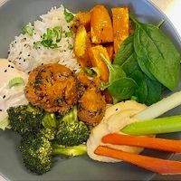 Buddha bowl with rice, roasted veg, falafel and hummus  at One Bowl in Copenhagen