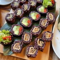 california mushroom, veggie futomaki, kimchi roll  at Edamame Vegan Sushi in Warsaw