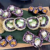Carrot-lox maki, tempura roll, smoked tofu futomaki  at Edamame Vegan Sushi in Warsaw