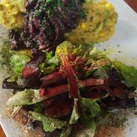 charquican Smokey mushrooms and soy curls with potato squash mash and salad at Epif in Portland