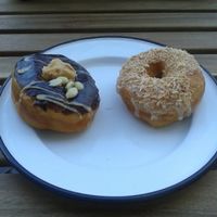 Chocolate peanut butter and salted caramel white chocolate donuts at Brammibal's Donuts - Maybachufer in Berlin