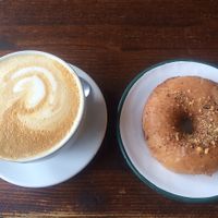 oatmilk Latte and salted caramel hazelnut Donut  at Brammibal's Donuts - Maybachufer in Berlin