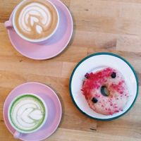 Americano, Matcha Latte, Raspberry Licorice Donut at Brammibal's Donuts - Maybachufer in Berlin