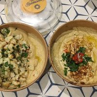 Cauliflower hummus and pine nuts hummus at La Hummuseria in Madrid