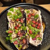 Berenjena asada con granada. Babaganoush at La Hummuseria in Madrid