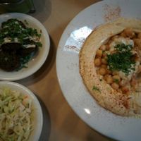 hummus with chuckpeas, cabbage salad appetiser, 5 falafel side at Oren's Hummus in Palo Alto