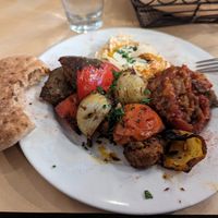 Vegetable skewer with hummus, chunky eggplant, and whole wheat pita at Oren's Hummus in Mountain View