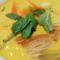 Turmeric soup with 'chicken'  at Newstart Health Kitchen in Cheras