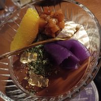 Amazing dessert with pear, pear mousse, and chocolate at Verthé in Diksmuide