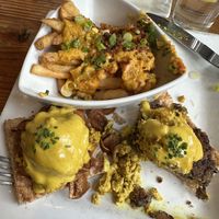 FSC Benedict (one Mushroom Bacon, one Lentil, Mushroom Scrapple)  at Front Street Cafe in Philadelphia