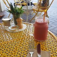 Strawberry, banana and coconut water smoothie at Betty's Bohemian Beach Cafe in Port Douglas