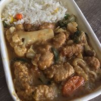 Heart warming chicken satay with mixed veggies, served next to a bed of hot rice. at Chi Ran Vegetarian Bar in Broadbeach