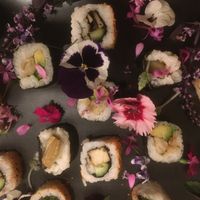 Nice selection of vegan sushi with some edible flowers  at Chi Ran Vegetarian Bar in Broadbeach