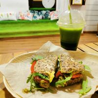 Avocado sandwich and green smoothie  at Milk Away in Sevilla