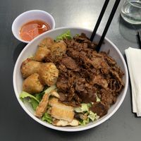 Dish No. 95: “Beef” bò bún (Lemongrass “beef”, nems, fried tofu, rice vermicelli, batavia salad, cucumbers, soy sprouts, peanuts, mint) at Tien Hiang in Paris