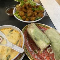 Spring rolls, veg chicken, coconut soup at Tien Hiang in Paris