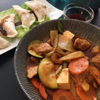 Chicken w cashew nut, & fried dumplings  at Tien Hiang in Paris