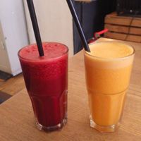 Red and orange fresh pressed juices at Two Planets in Berlin