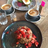 Vegan buckwheat pancakes and cappuccino with oat milk at Tang by Yogism - Dawson St in Dublin