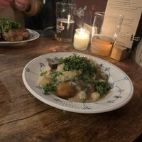 Vegan fricassee with lovage and baked potatoes  at Lygtens Kro in Copenhagen
