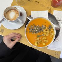 vegan pumpkin soup & soy cappucino #Veganuary at Ginger in Rome