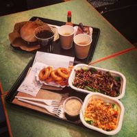 chilli burger, onion rings, coleslaw and asian'duck' - everything tasty as always at Swing Kitchen - Operngasse in Vienna