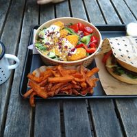 Swing burger, Sweet potato fries and Nugget salad at Swing Kitchen - Operngasse in Vienna