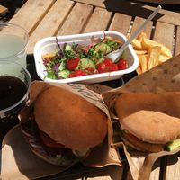 Vienna burger, swing burger, french fries and garden salad  at Swing Kitchen - Operngasse in Vienna