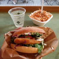 Vienna burger with slaw; elder flower soda at Swing Kitchen - Operngasse in Vienna