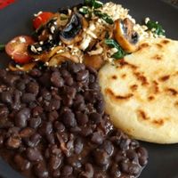 vegan big breakfast: scrambled tofu, black beans and areppo  at ExotiK in Newtown