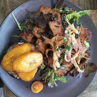 "Livin' la vida loca": beefless strips stirfried with mushrooms, capsicums and onions; served with rice and beans, crunchy onion and fried plantain at ExotiK in Newtown