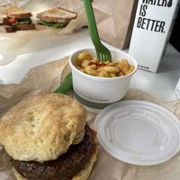 Hemp sausage and Mac & cheese  at Gnome Cafe in Charleston