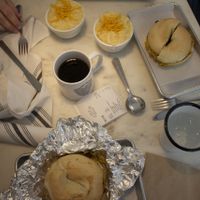 bagel sandwiches and cheesy grits. (and a cream cheese bagel, unpictured) at Gnome Cafe in Charleston