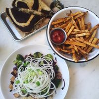 tempeh Reuben, French fries, bulgogi Korean bowl at Gnome Cafe in Charleston