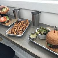 Southern style chicken, fries and crispy brussel sprouts. at Gnome Cafe in Charleston
