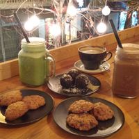 choco balls, ginger cookies, choco cookies, matcha, coffee blended and machala tea at Jalus Vegan Kitchen in Hanoi