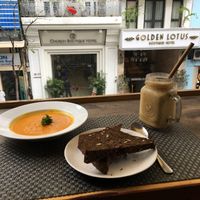 Pumpkin soup, comes with toast and a smoothie  at Jalus Vegan Kitchen in Hanoi