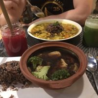Potato curry, braised tofu and mushroom. Juices. at Jalus Vegan Kitchen in Hanoi