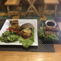 Mushroom tofu burger and spring rolls   at Jalus Vegan Kitchen in Hanoi
