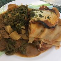 Veggie lasagna made vegan; potato, spinach and tofu at Govinda Ram in Mexico City