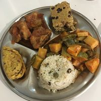 Plato del día (grande), also incl. big soup, salad, bread, chutney, dessert (not pictured as they come out in courses) at Govinda Ram in Mexico City