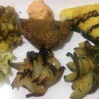 Soy stew, chickpea burger, grilled cheese with balsamico and mixed veggies at Vibrazioni Vegetali in Abbiategrasso