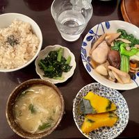 Miso, brown rice (I went for the big portion), greens, steamed squash, vegetables, mushrooms and tofu  at Monk's Foods in Tokyo