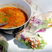 Asylum summer rolls with good peanut dip sauce.  at Asylum in Koh Lanta