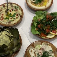 artichoke, hummus, babaganoush, falafel with tahini & tabbouleh  at Le Cedre in Zurich
