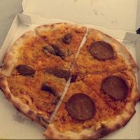 Mushroom and salami pizza at Flying Pizza in Zurich