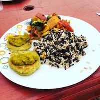 Our delicious almuerzo of fresh veggies, falafel and wild rice. at Amor Infinito in Montanita