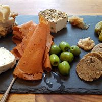 Charcuterie platter with their homemade cheese at Riverdel in Brooklyn